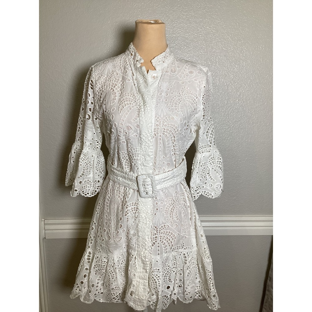 Farm Rio White Richelieu Eyelet Belted Mini Dress XS Embroidered Boho Ruffle - Picture 6 of 12